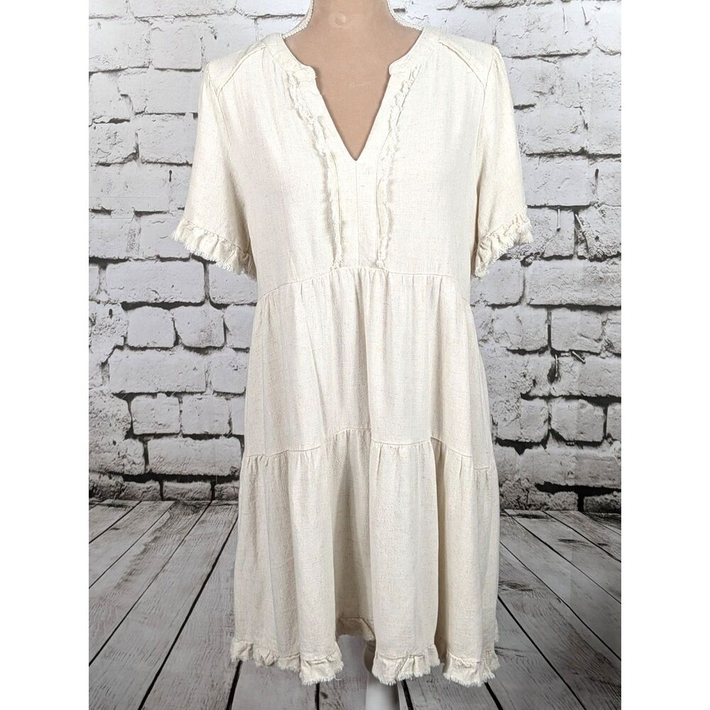 UMGEE Peasant Babydoll Dress Ecru Boho Shabby Cottage Linen-Blend Summer Small - Picture 1 of 7